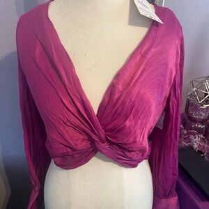 Zara Pink Long Sleeve Twist Front Crop Blouse